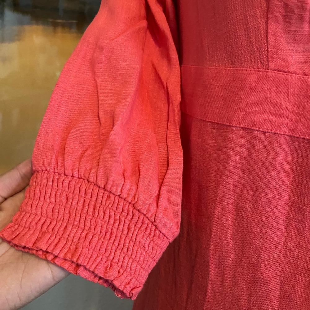 J. Jill Button Front Dress Coastal Linen Blend Womens XS Coral Pink Midi 3/4 - Picture 2 of 7